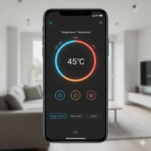 An interface mockup showing how to adjust temperature settings on a heated base layer via a smartphone app.
