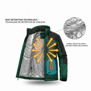 Illustration of the heat-reflective silver lining inside a heated jacket for extreme cold to prevent heat loss.