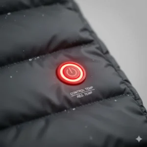 Close-up of the LED heat controller on a heated jacket, ideal for varying Canadian winter temperatures.