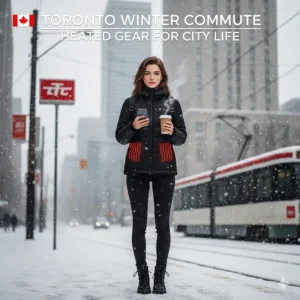 A Canadian commuter waiting for the TTC in a heated jacket, highlighting versatility in fluctuating city temperatures.