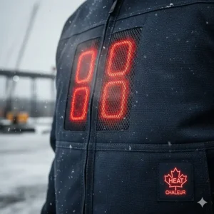 Illustration highlighting the abrasion-resistant canvas material of a heated work jacket for tradespeople.