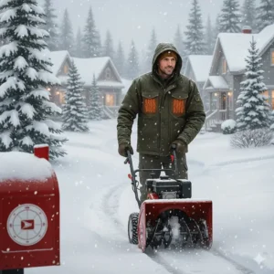 A worker performing outdoor maintenance in a durable heated work jacket in a Canadian residential area.