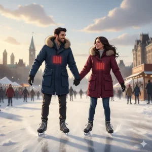 A couple wearing stylish heated parkas while skating on the Rideau Canal in Ottawa.