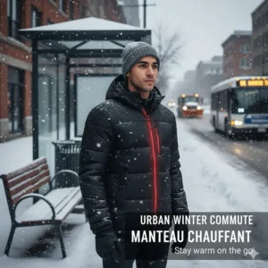 Illustration of a commuter at a snowy bus stop in Winnipeg wearing a stylish heated jacket (manteau chauffant).