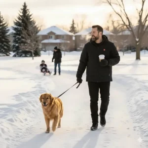A Canadian hockey parent wearing their versatile heated jacket while walking the dog in the snow, showing utility beyond the local arena.