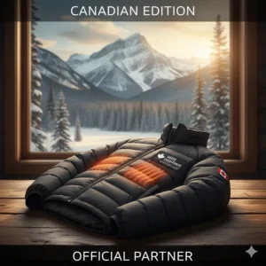 A battery heated jacket (veste chauffante) featuring a Canadian flag patch, highlighting local market availability.
