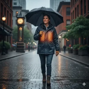 Illustration of a waterproof heated work jacket providing warmth during a rainy Pacific Northwest winter day.