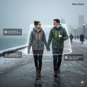 Illustration showing a waterproof and wind-resistant heated jacket shell, ideal for Toronto's damp, windy lakefront climate.