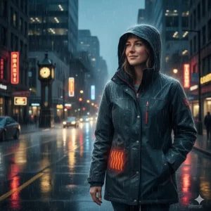 Illustration of a waterproof heated parka keeping a commuter dry and warm during a rainy winter day in Canada.