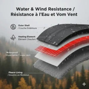Diagram of the triple-layer fabric construction of a men’s heated jacket designed for wet and windy Canadian autumns.