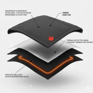 Technical drawing of windproof and water-resistant layers on an affordable heated jacket under $200.
