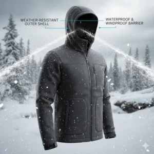 An illustration demonstrating the windproof and waterproof outer shell of a heated jacket against harsh Canadian sleet and snow.