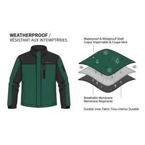 Technical drawing of the windproof and waterproof outer shell of a heated jacket for extreme cold Canadian winters.