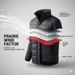 An infographic illustrating windproof and water-resistant layers of a heated jacket, essential for Saskatchewan’s wind chill.
