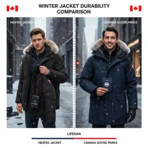 An illustration depicting the long-term lifespan of a luxury Canada Goose coat versus the electronic lifespan of a heated jacket.