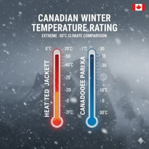 A chart comparing the warmth levels of heated jackets vs Canada Goose parkas in extreme -30°C Canadian climates.