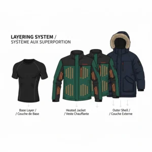 Illustration of how a heated jacket for extreme cold fits under a parka or over a base layer for maximum warmth.