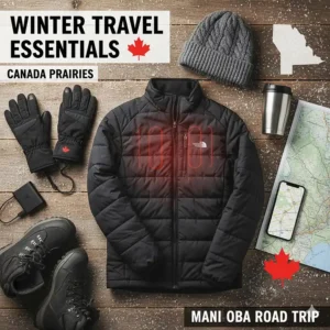 A flat-lay illustration of winter essentials including a heated jacket, gloves, and a toque for a Manitoba road trip.