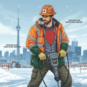 An illustration of a Canadian construction worker wearing a heated base layer under a high-visibility jacket.