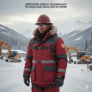 Illustration of a heavy-duty heated work jacket for outdoor industrial jobs in the Yukon and Northern Canada.