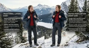 A graphic comparing high-end thermal gear to quality heated pants under $200 for Canadian shoppers.
