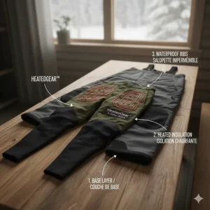 Illustration showing how to layer heated pants under bibs for maximum warmth in Northern Ontario winters.
