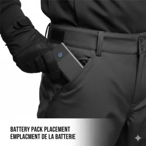 Close-up illustration of a slim-profile battery pack tucked into the waist pocket of heated snowboard pants.