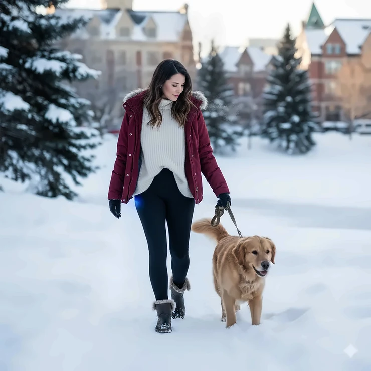 Woman wearing black heated leggings while walking a dog in a snowy Canadian park. heated leggings Canada