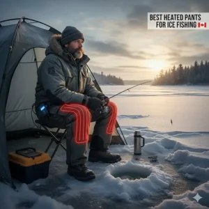 An illustration of an angler sitting on a frozen lake in Ontario using battery-powered heated pants for long-duration warmth.