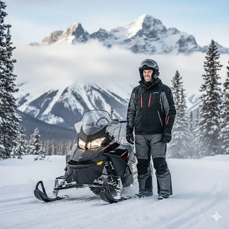 A rider wearing heated snowmobile pants standing next to a sled on a snowy trail in the Canadian Rockies.