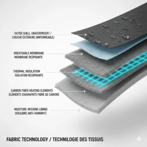 Cross-section of multi-layer fabric showing the waterproof membrane and insulation used in Canadian-grade heated snowboard pants.