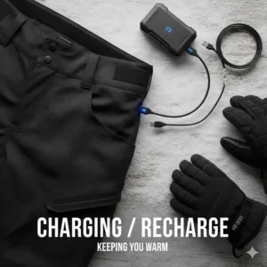 Illustration showing a USB-C charging cable connecting to a portable power bank for heated winter sports apparel.