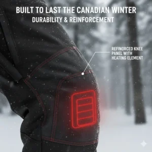 Close-up illustration of reinforced stitching and abrasion-resistant panels on heated snowmobile trousers.