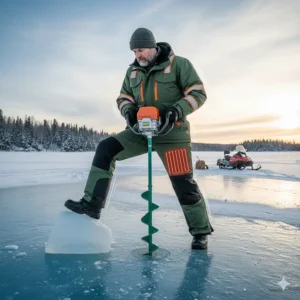 Illustration demonstrating the range of motion and flexibility of heated pants for active ice fishing guides.