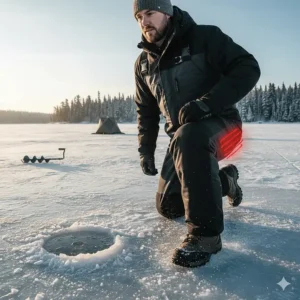 Illustration showing the reinforced knees and flexible fit of heated ice fishing bibs for active hole hopping.