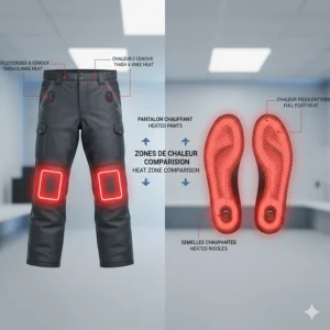 Technical diagram showing heat distribution of heated pants versus carbon fiber heating elements in winter insoles.
