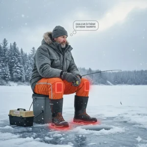 An ice fisherman using heated pants and insoles to stay warm on a frozen Canadian lake.