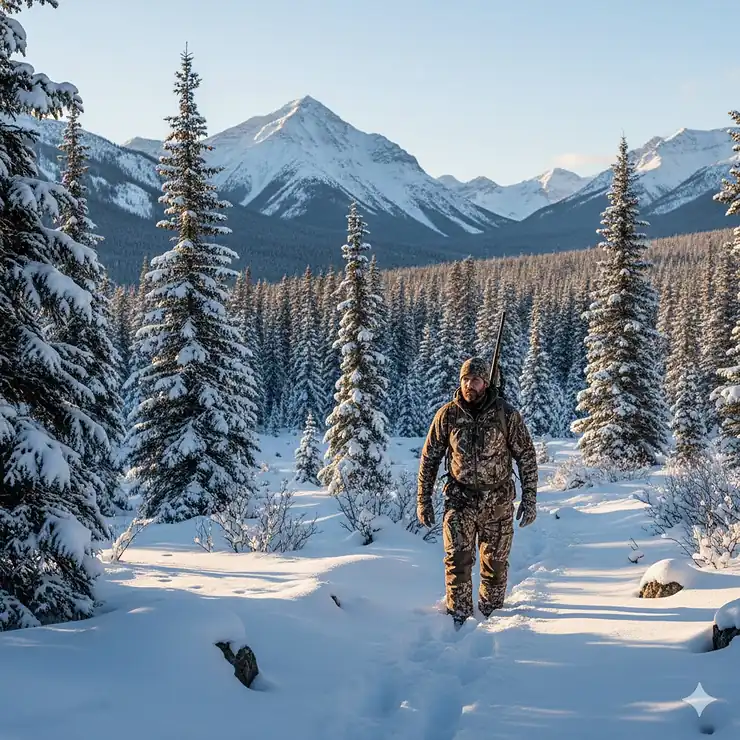 1. A hunter wearing camo heated hunting pants while trekking through a snowy evergreen forest in the Canadian Rockies.