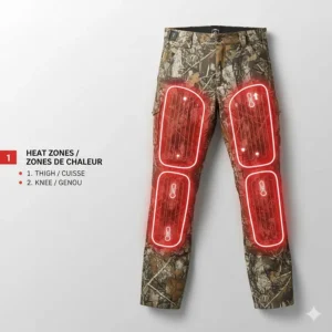 2. Technical diagram showing carbon fiber heating elements in hunting pants for thigh and knee warmth.