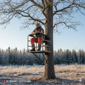 3. A hunter sitting in an Ontario treestand during late-season deer hunting wearing battery-powered heated pants.