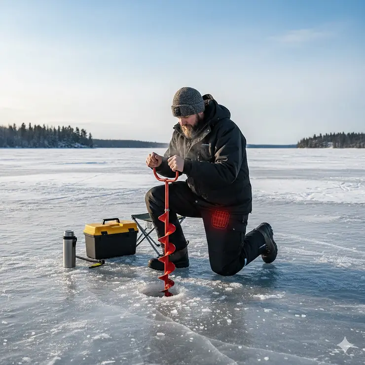 A Canadian angler wearing black heated ice fishing bibs while kneeling on a frozen lake with a manual ice auger.