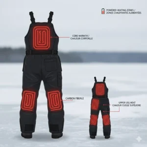 Technical diagram showing carbon fiber heating elements in heated ice fishing bibs for core warmth.
