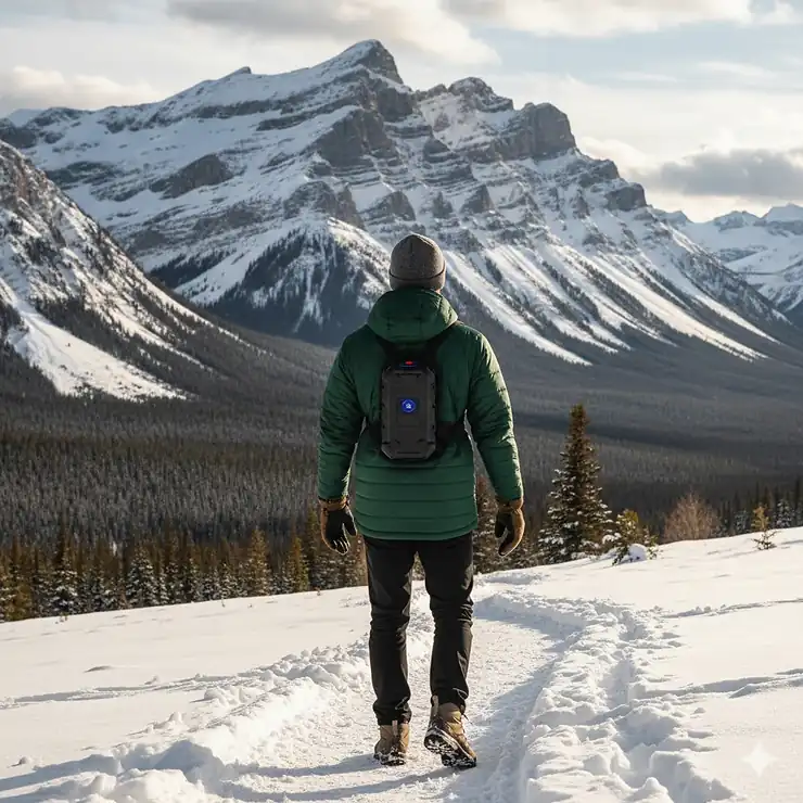A person hiking in the snowy Canadian Rockies wearing a heated jacket with a visible battery pack accessory.