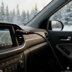12V DC car charger adapter for heated jacket accessories plugged into a vehicle dashboard.