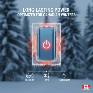 An icon-based illustration showing long-lasting battery performance optimized for extreme Canadian cold snaps.