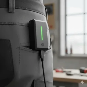 Close-up diagram of a slim-profile battery pack for heated work pants, essential for long shifts in Ontario winters.