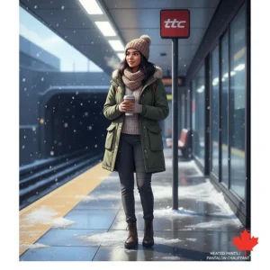 An illustration of a professional waiting for the TTC or Montreal Metro in heated pants during a Canadian winter morning.