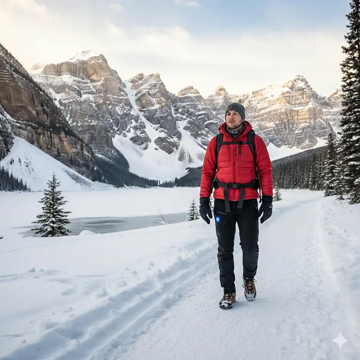 A person wearing slim-fit heated pants while hiking through a snowy Banff National Park trail, staying warm in sub-zero Canadian temperatures. heated pants Canada