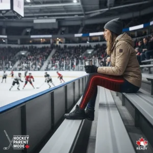 A parent wearing heated leggings while sitting in a cold Canadian hockey rink, focusing on comfort and localized heat zones.