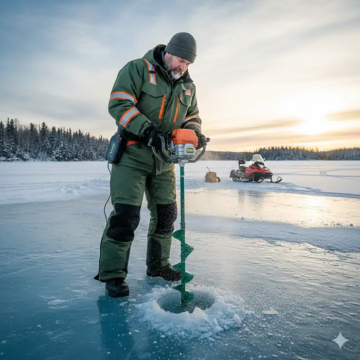 A professional ice fishing guide wearing battery-heated pants while drilling a hole on a frozen Canadian lake.